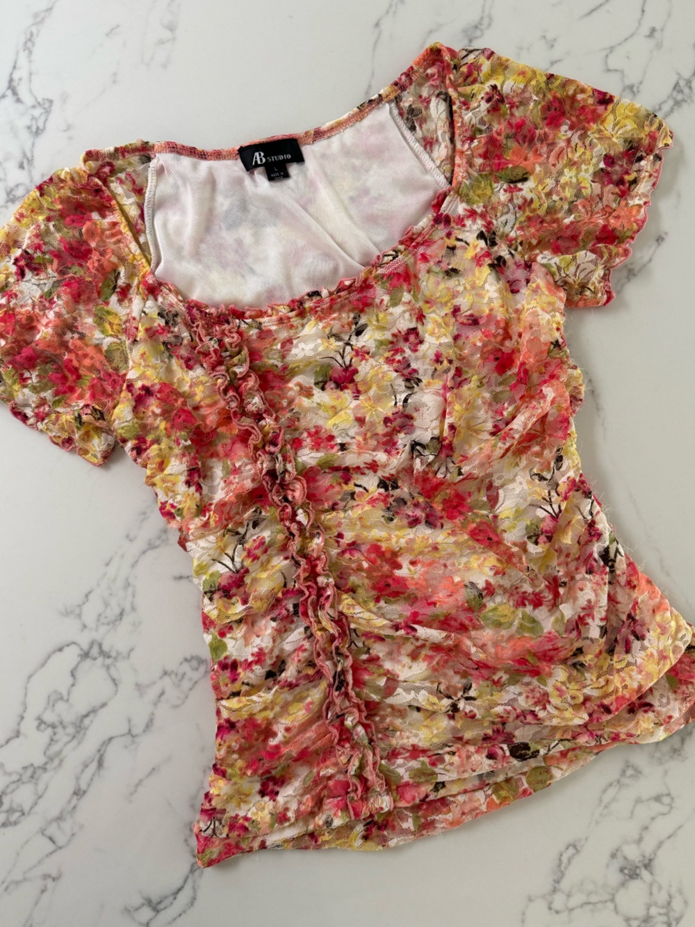 AB Studio Y2K Floral Ruched Ruffle Mesh Top - Coral/Yellow - Size Large